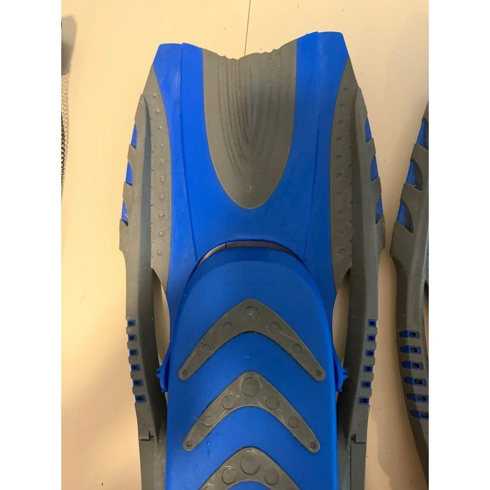 Aqua Lung Sport Snorkel Fins Blue Grey Adjustable Open Heel L/XL with Mesh Bag